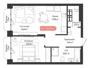 2-комн. кв. 53м² , 17 этаж - фото 1
