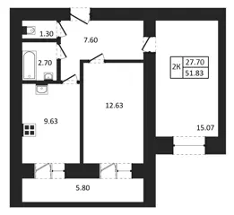 2-комн. кв. 51,8м² , 2 этаж - фото 1