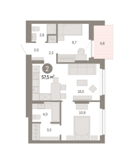 2-комн. кв. 57,5м² , 4 этаж - фото 1