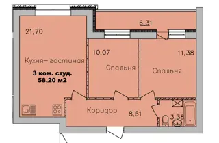 Студия 58,2м² , 8 этаж - фото 1