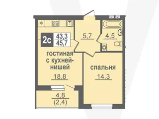 2-комн. кв. 45,7м² , 12 этаж - фото 1
