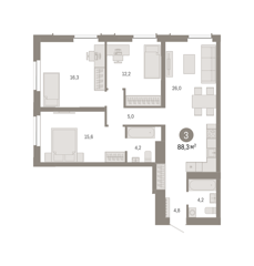 3-комн. кв. 88,3м² , 6 этаж - фото 1