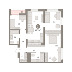 3-комн. кв. 87,1м² , 12 этаж - фото 1