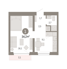 1-комн. кв. 34,2м² , 9 этаж - фото 2
