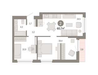 2-комн. кв. 60,7м² , 3 этаж - фото 1