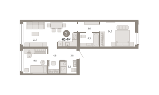 2-комн. кв. 65,4м² , 2 этаж - фото 1