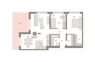 2-комн. кв. 101,4м² , 8 этаж - фото 1