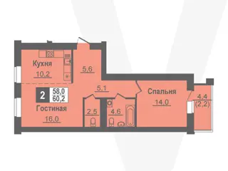 2-комн. кв. 60,2м² , 5 этаж - фото 1