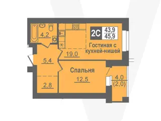 2-комн. кв. 45,9м² , 2 этаж - фото 1