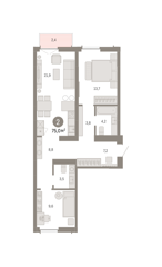 2-комн. кв. 75м² , 5 этаж - фото 1