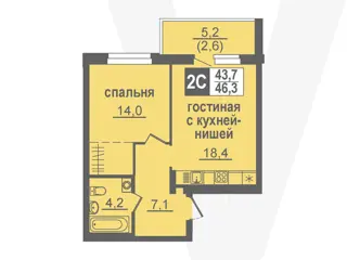 2-комн. кв. 46,3м² , 2 этаж - фото 1