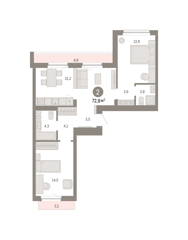 2-комн. кв. 72,8м² , 9 этаж - фото 1