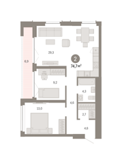 2-комн. кв. 74,7м² , 20 этаж - фото 1