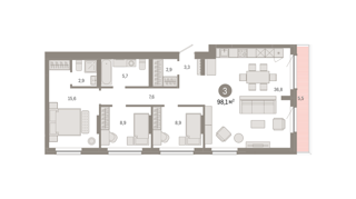3-комн. кв. 98,1м² , 8 этаж - фото 1