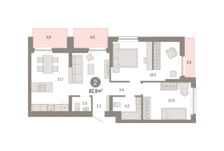 2-комн. кв. 82,9м² , 9 этаж