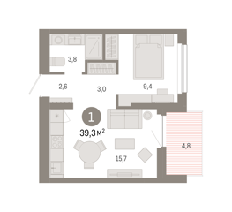 1-комн. кв. 39,3м² , 3 этаж - фото 1