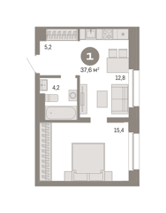 1-комн. кв. 37,6м² , 4 этаж - фото 3